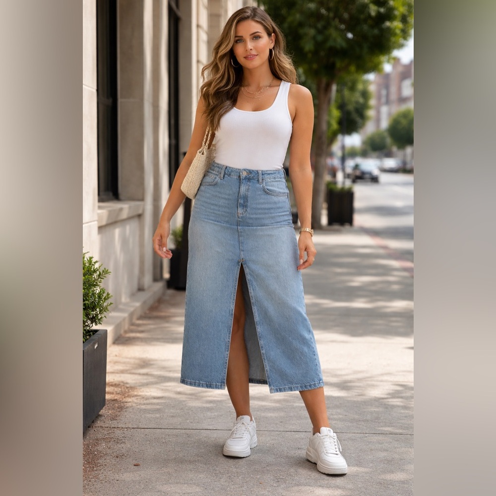 New Look Light Blue Midi Denim Skirt
